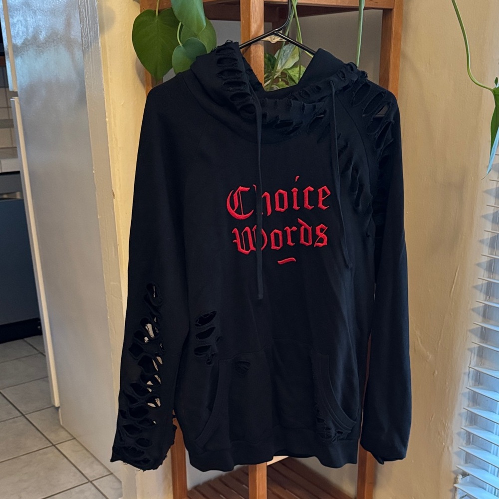 Black Distressed Hoodie with Red Text